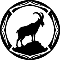 A majestic black silhouette of a mountain goat (ibex) on rock, in circular frame with tribal geometric border, emphasizing wilderness, strength, and vector elegance.