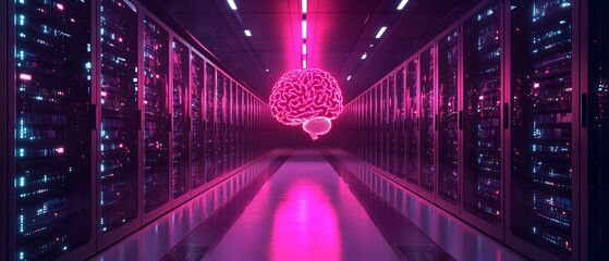 A pink brain is suspended in the air in a room full of computers