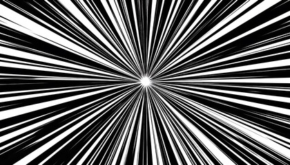 A dynamic radiating pattern of black and white lines creates a powerful visual effect.