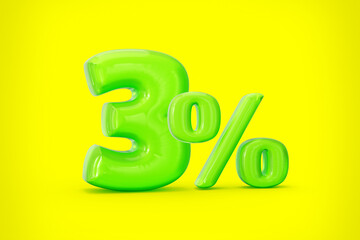 Green jelly 3% or Three percent isolated on yellow background. 3d illustration