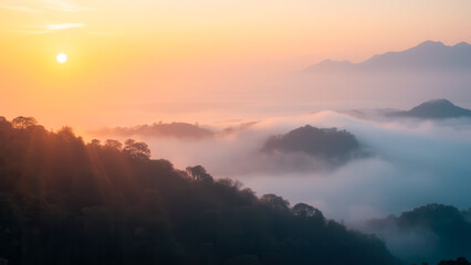 Fototapeta premium Stunning Sunrise Over Misty Mountain Landscape with Soft Clouds and Vibrant Sky Colors