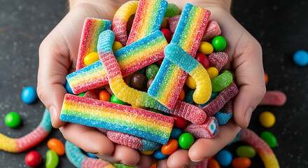 Colorful candy assortment delicious sweets gummy worms rainbow strips in hands closeup