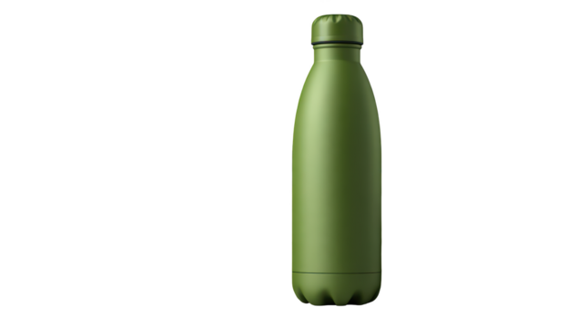 Olive green, stainless steel water bottle with cap against a dark background