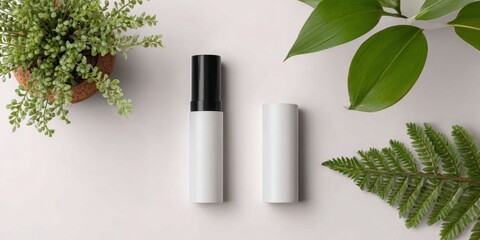 Sustainable Elegance: A top-down shot of minimalist skincare, where a sleek, eco-friendly, reusable bottle sits amidst verdant plant life, symbolizing organic, pure beauty and conscious consumerism.