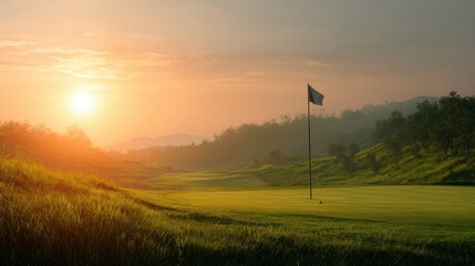 Obraz premium Golf Course Sunset: A serene golf course bathed in the golden hues of a setting sun, flag waving gently, creating a landscape of tranquility and relaxation.