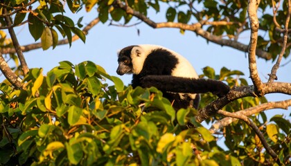 Fototapeta premium A black and white lemur rests high in a lush tropical tree, its gaze directed outward, bathed in the soft morning sun.