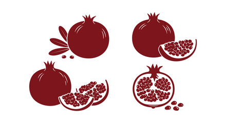 Collection of pomegranates in different views and cut open with seeds