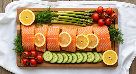 Fresh salmon fillet with lemon asparagus cucumber tomatoes dill on wooden board food