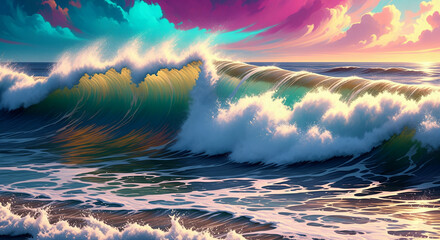 Vibrant, colorful illustration of a powerful ocean wave crashing at sunset with a pixel art style