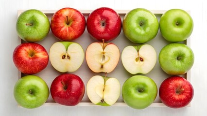 A Collection of Fresh Ripe Apples in Various Colors and Stages of Preparation