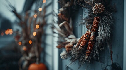 Autumn harvest doorway with dried cornstalks and pumpkins.
