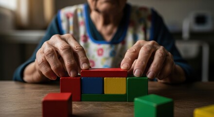 Fototapeta premium Elderly Woman Playing with Colorful Wooden Blocks in Cozy Indoor Setting