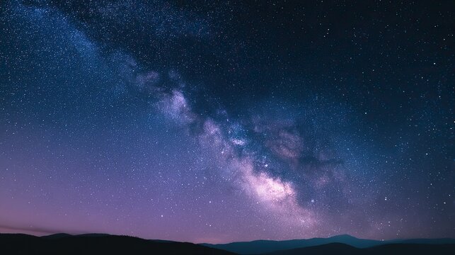 Beautiful cloudless night sky with stars and soft blue-purple gradient, captured in panorama with wide angle and long exposure at sunset, boasting high resolution and a peaceful atmosphere. - Powered by Adobe