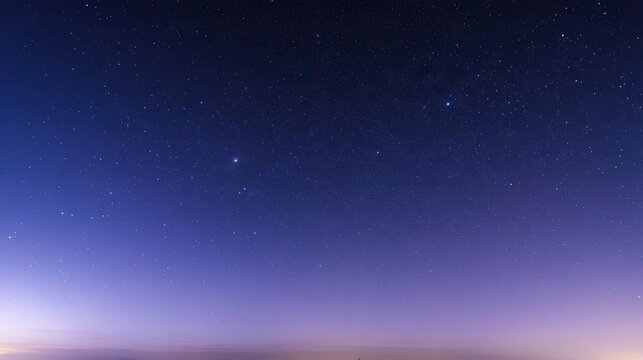Beautiful cloudless night sky with stars and soft blue-purple gradient, captured in panorama with wide angle and long exposure at sunset, boasting high resolution and a peaceful atmosphere. - Powered by Adobe