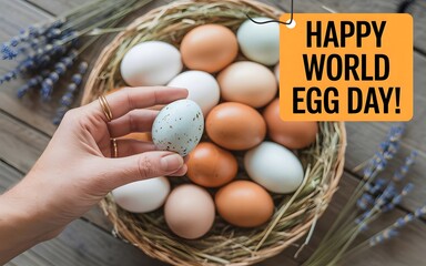 Happy World Egg Day with Basket of Brown, White, Blue Eggs – Celebrating Diversity and Nutrition of Eggs Worldwide