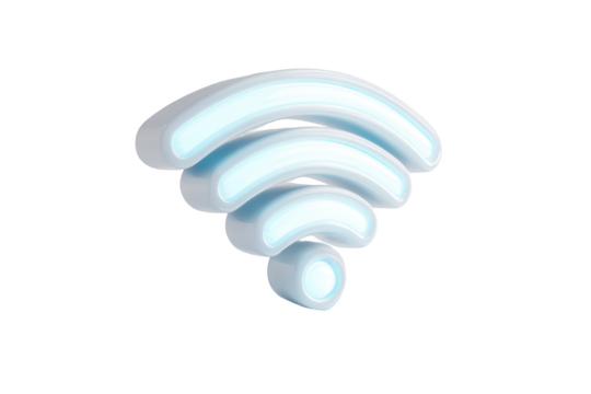 3D wifi symbol in glowing light blue, isolated on black background