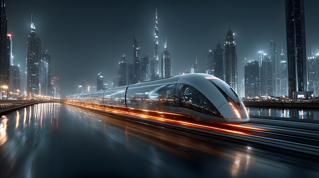 Dynamic illustration of a hyperloop train speeding through a glowing futuristic cityscape.