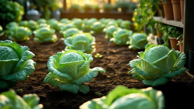 Lush Green Cabbage Heads Growing in a Sunny, Well-Tended Vegetable Garden