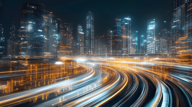 Dynamic illustration of a hyperloop train speeding through a glowing futuristic cityscape.
