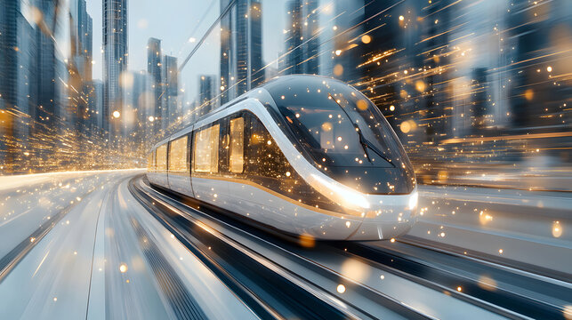 Dynamic illustration of a hyperloop train speeding through a glowing futuristic cityscape.