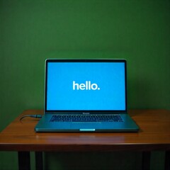 Fototapeta premium Laptop on wooden table with blue hello text screen.