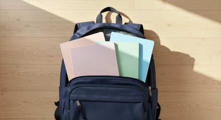 Warm light spills across a light wooden floor where a minimalist open backpack reveals fresh notebooks nestled within its navy blue depths