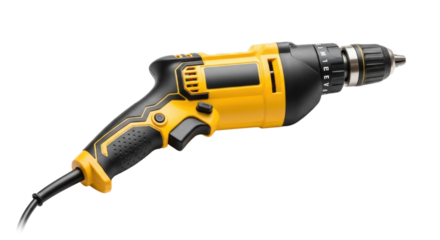 Modern Yellow and Black Power Drill, transparent background, cutout PNG