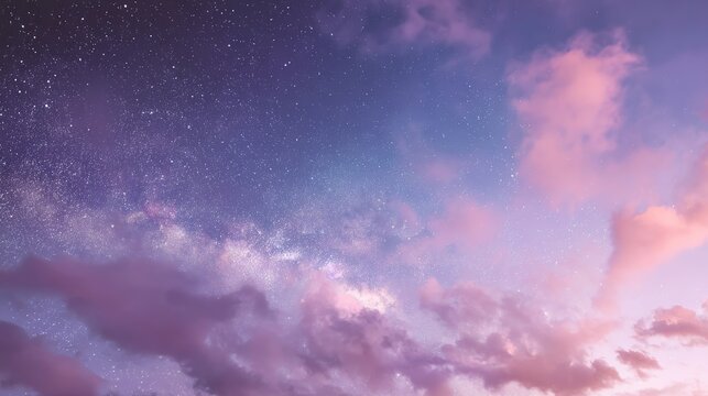 Beautiful cloudless night sky with stars and soft blue-purple gradient, captured in panorama with wide angle and long exposure at sunset, boasting high resolution and a peaceful atmosphere. - Powered by Adobe