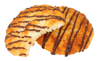 Coconut macaroons with shredded coconut and drizzled with chocolate flavoured topping isolated on a white background
