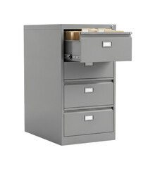 Metal Filing Cabinet with Open Drawer, transparent background, cutout PNG