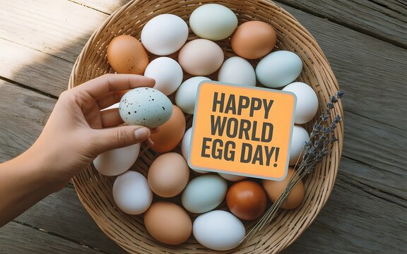Basket of Mixed Eggs with Hand Picking One – Happy World Egg Day Celebration Featuring Fresh Farm Eggs and Natural Colors