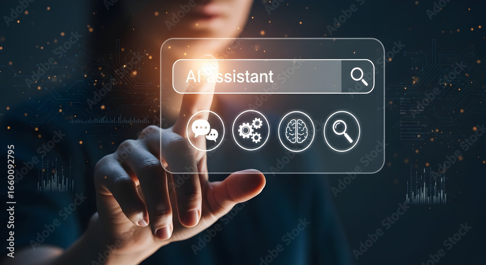 Wall mural person interacts with ai assistant search interface, exploring digital innovation and smart technolo