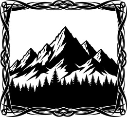 Fototapeta premium A detailed black silhouette of a mountain range with snowy peaks and pine forest, framed by interwoven border, emphasizing majesty and wilderness.