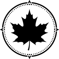 A black silhouette of a large maple leaf, centrally in a circular frame with dotted border and four triangles, emphasizing nature, symmetry, and design.