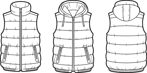 Puffer vest technical CAD drawing, fashion flat sketch template, sleeveless down jacket vector, front back hooded view illustration design