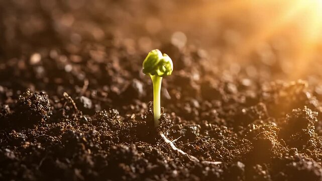 Sprout emerging from rich dark soil under a golden light