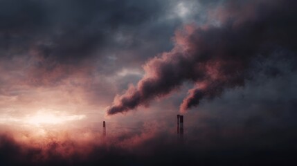 Fototapeta premium Towering industrial chimneys belching smoke into the gloomy sky