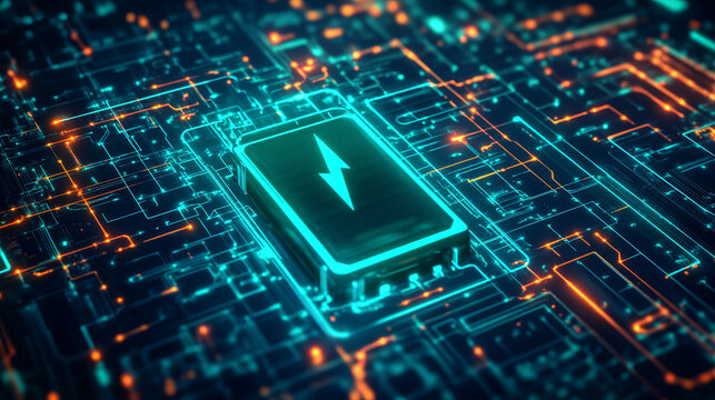 Futuristic energy concept with glowing battery symbol amidst circuit board design