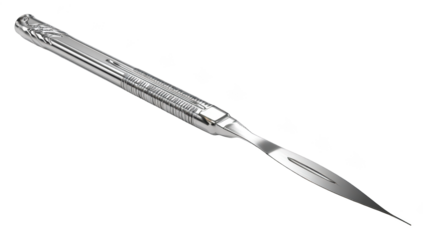 Silver surgical scalpel, precise tool, on black background