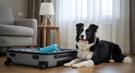 Happy Border Collie dog ready for travel adventure with luggage and travel accessories