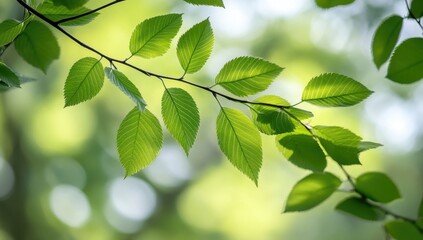 Obraz premium Fresh green leaves on branch, soft focus