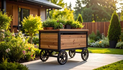 Garden cart with plants with backyard.