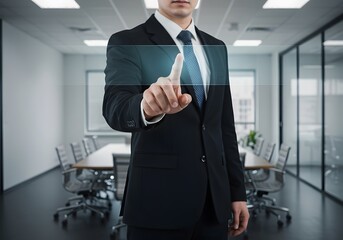 Businessman in suit uses touchscreen interface in modern office meeting room environment