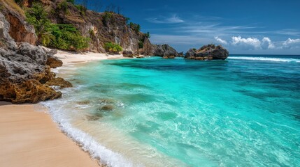 Azure Paradise: A breathtaking tropical beach scene, showcasing turquoise water, pristine sand, rugged cliffs, and a vibrant blue sky. This photo encapsulates the essence of an idyllic summer getaway.