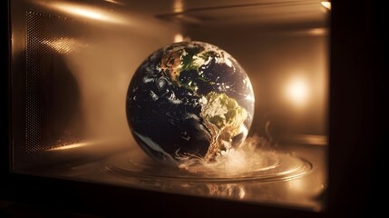 Melting Earth globe inside a microwave a concept of the planet s heating