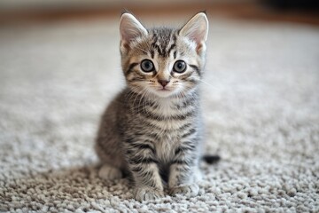 A small, adorable tabby kitten with striking stripes sits attentively on a textured, light-colored carpet, gazing directly at the viewer with wide, curious eyes.