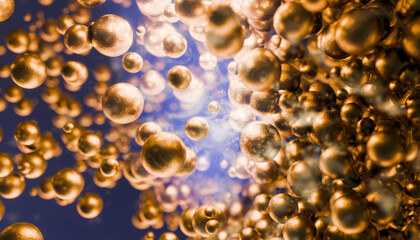 Swirling clusters of golden metallic spheres float against a blue background. Illustration, rendering