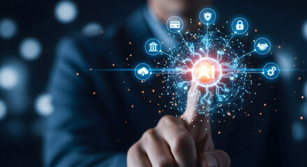 Fototapeta premium Businessman interacts with AI network connecting digital services like cloud, finance, and security
