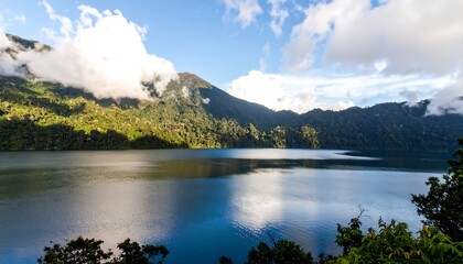 Serene mountain lake nestled amongst lush green hills under a bright sky with puffy clouds.