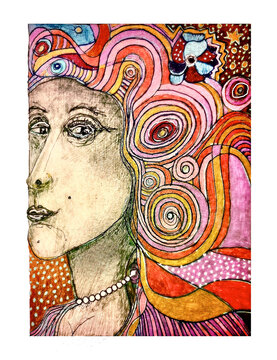 Abstract portrait with colorful swirling patterns and stylized female face in profile.
